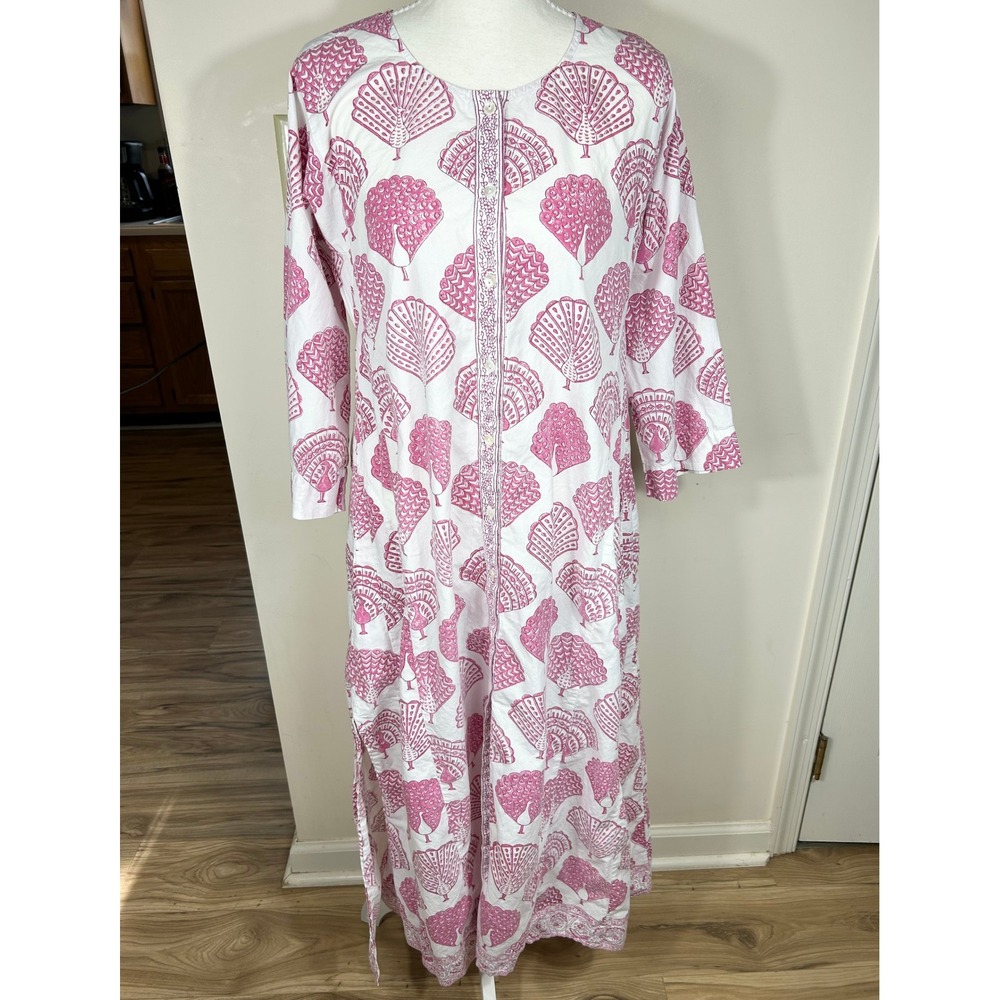 ROLLER RABBIT Pink Peacock Print Kaftan Maxi Dress Women's S Button Front Cotton